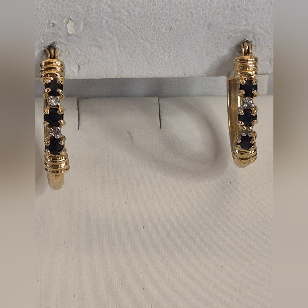 Sapphire And Diamond Hoops 10 Karat Gold